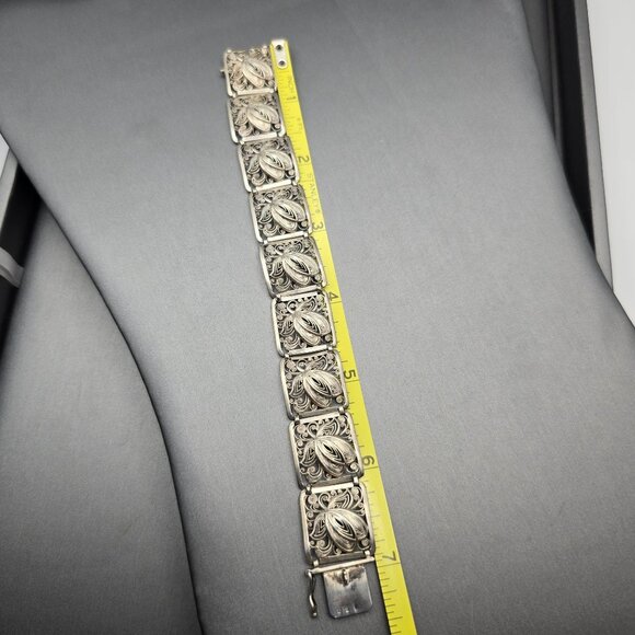 Vintage 850 Silver Filigree Panel Bracelet 7" Floral Design Hidden Clasp - Picture 8 of 11